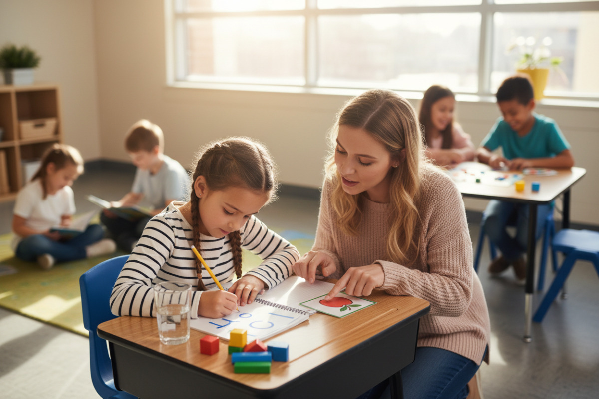 Alltagsszenen zeigen, wie ein ruhiger Start, kleine Schritte und Pausen beim Lernen in der Grundschule zusammenwirken
