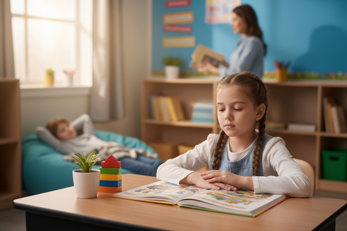 Alltagsszenen zeigen, wie ein ruhiger Start, kleine Schritte und Pausen beim Lernen in der Grundschule zusammenwirken
