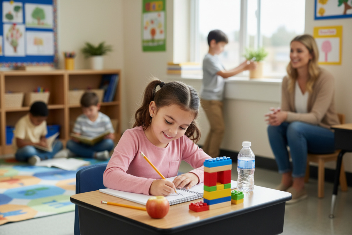 Alltagsszenen zeigen, wie ein ruhiger Start, kleine Schritte und Pausen beim Lernen in der Grundschule zusammenwirken