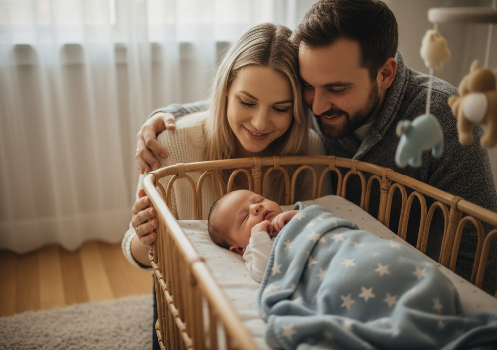 Eltern betrachten ihr schlafendes Kleinkind zufrieden