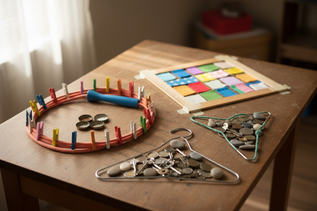 Abb. Geometrische Figuren werden spielerisch aus Alltagsmaterial gelegt.