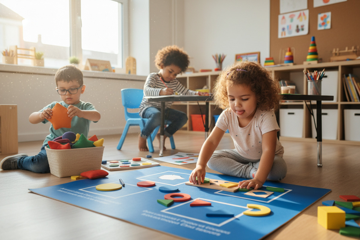 Alltagsszenen zeigen, wie Kinder geometrische Formen durch Legen, Suchen, Sortieren und Malen sicherer erkennen.