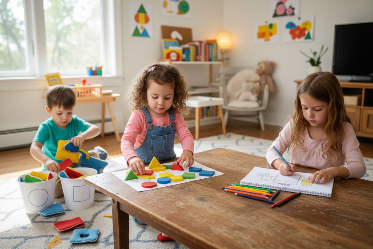 Alltagsszenen zeigen, wie Kinder geometrische Formen durch Legen, Suchen, Sortieren und Malen sicherer erkennen.