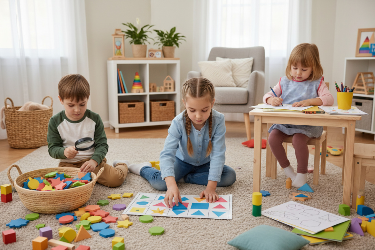 Alltagsszenen zeigen, wie Kinder geometrische Formen durch Legen, Suchen, Sortieren und Malen sicherer erkennen.