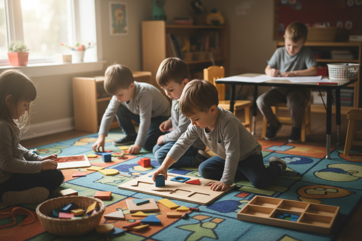 Alltagsszenen zeigen, wie Kinder geometrische Formen durch Legen, Suchen, Sortieren und Malen sicherer erkennen.