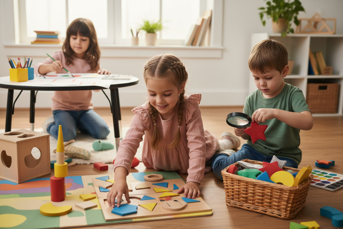 Alltagsszenen zeigen, wie Kinder geometrische Formen durch Legen, Suchen, Sortieren und Malen sicherer erkennen.