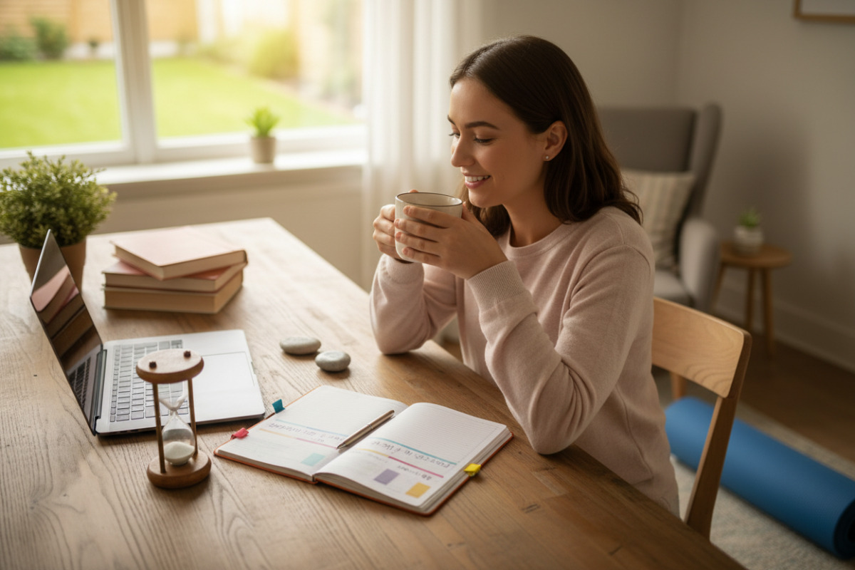 Alltagsszenen, die zeigen, wie feste Start- und Endpunkte, kurze Pausen und kleine Übeportionen Lernen entspannter