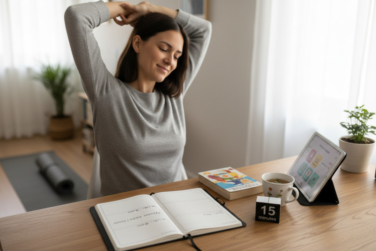 Alltagsszenen, die zeigen, wie feste Start- und Endpunkte, kurze Pausen und kleine Übeportionen Lernen entspannter