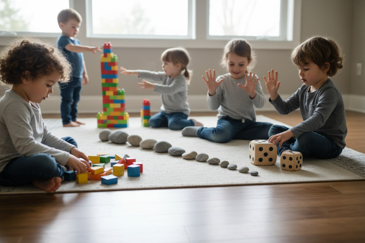 Alltagsnahe Mathe-Momente sortieren, würfeln, Reihen legen, Fingerbilder zeigen und beim Bauen vergleichen