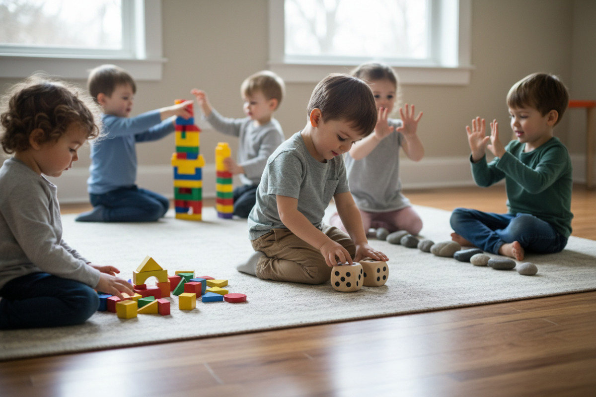 Alltagsnahe Mathe-Momente sortieren, würfeln, Reihen legen, Fingerbilder zeigen und beim Bauen vergleichen