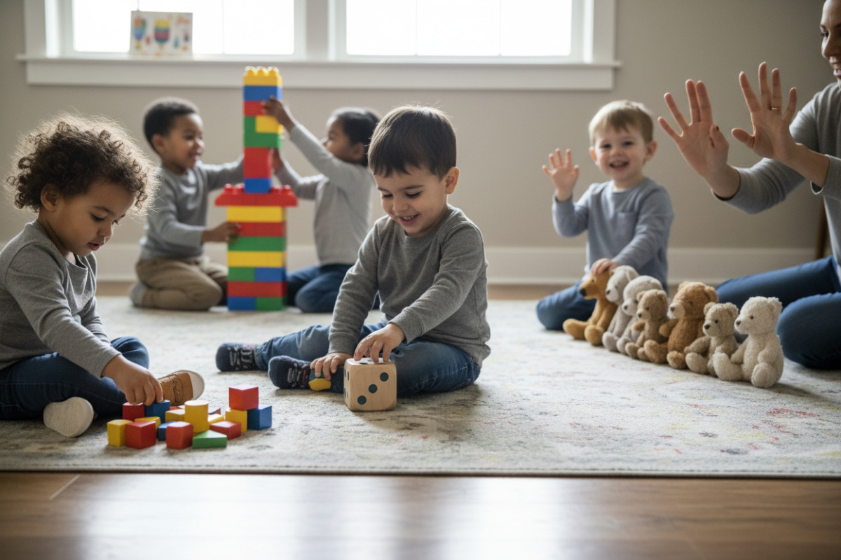 Alltagsnahe Mathe-Momente sortieren, würfeln, Reihen legen, Fingerbilder zeigen und beim Bauen vergleichen