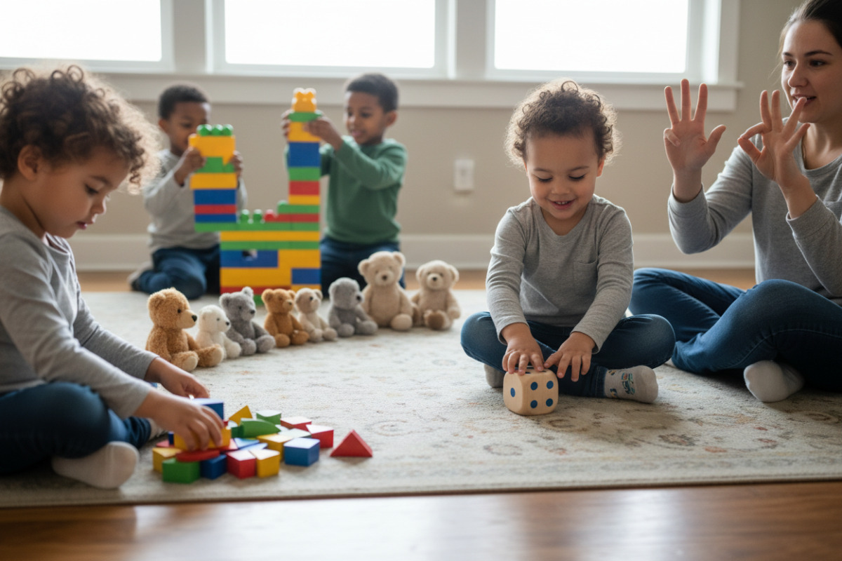 Alltagsnahe Mathe-Momente sortieren, würfeln, Reihen legen, Fingerbilder zeigen und beim Bauen vergleichen