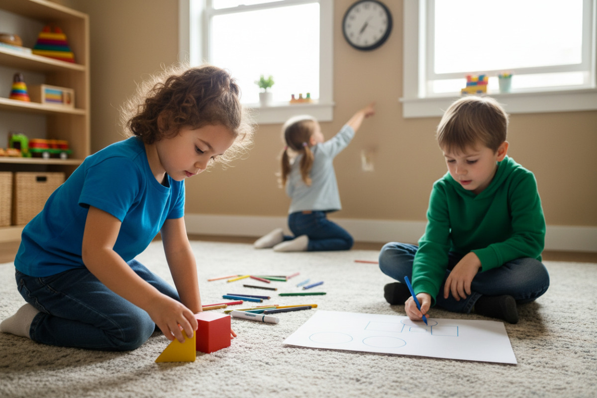 Alltagsszenen, in denen Kinder geometrische Formen zeichnen, legen, sortieren und in ihrer Umgebung wiederentdecken.