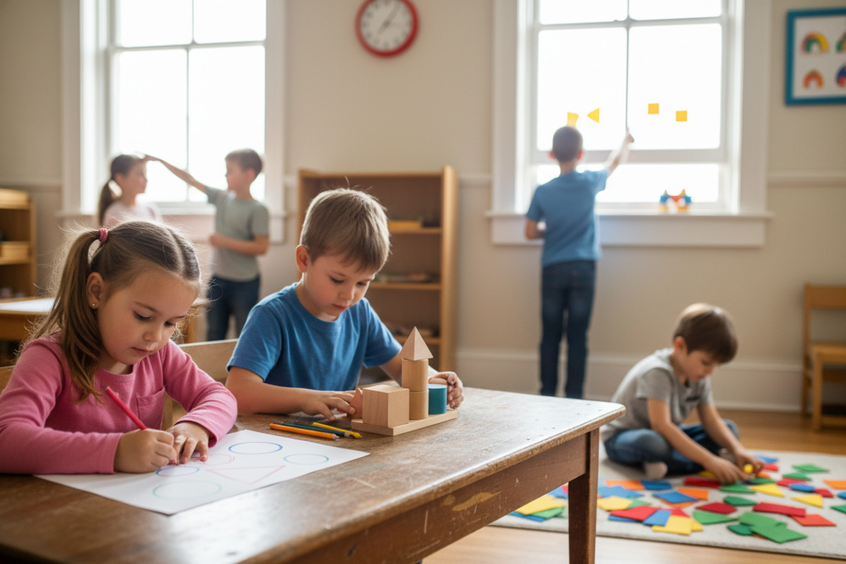 Alltagsszenen, in denen Kinder geometrische Formen zeichnen, legen, sortieren und in ihrer Umgebung wiederentdecken.