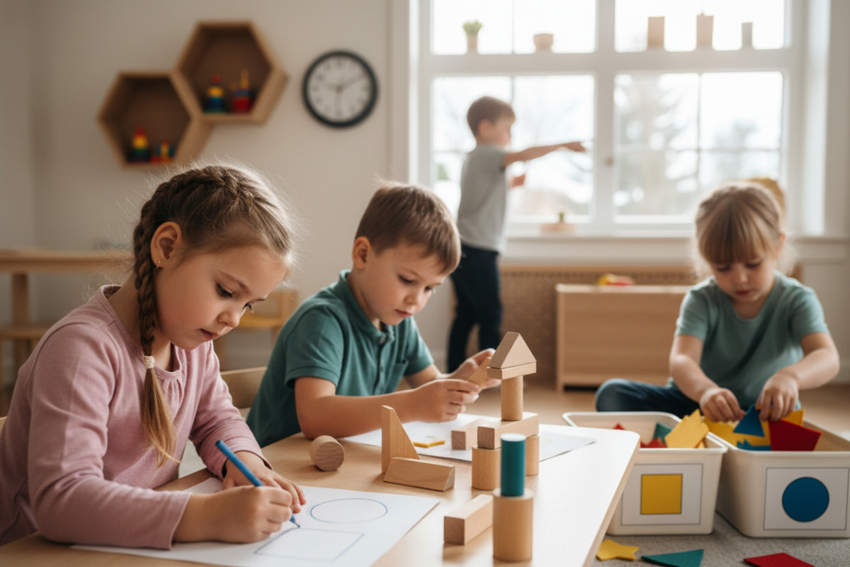 Alltagsszenen, in denen Kinder geometrische Formen zeichnen, legen, sortieren und in ihrer Umgebung wiederentdecken.