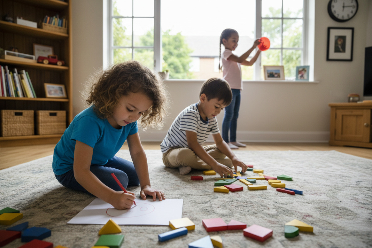 Alltagsszenen, in denen Kinder geometrische Formen zeichnen, legen, sortieren und in ihrer Umgebung wiederentdecken.