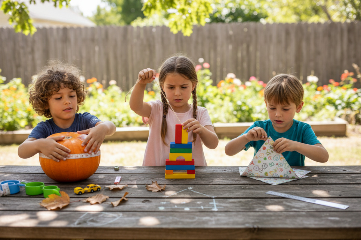 Alltagsszenen, in denen Kinder Größen vergleichen, messen, falten und Rechenideen Schritt für Schritt nachvollziehen