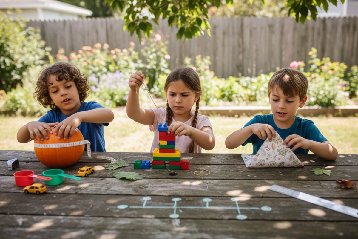 Alltagsszenen, in denen Kinder Größen vergleichen, messen, falten und Rechenideen Schritt für Schritt nachvollziehen