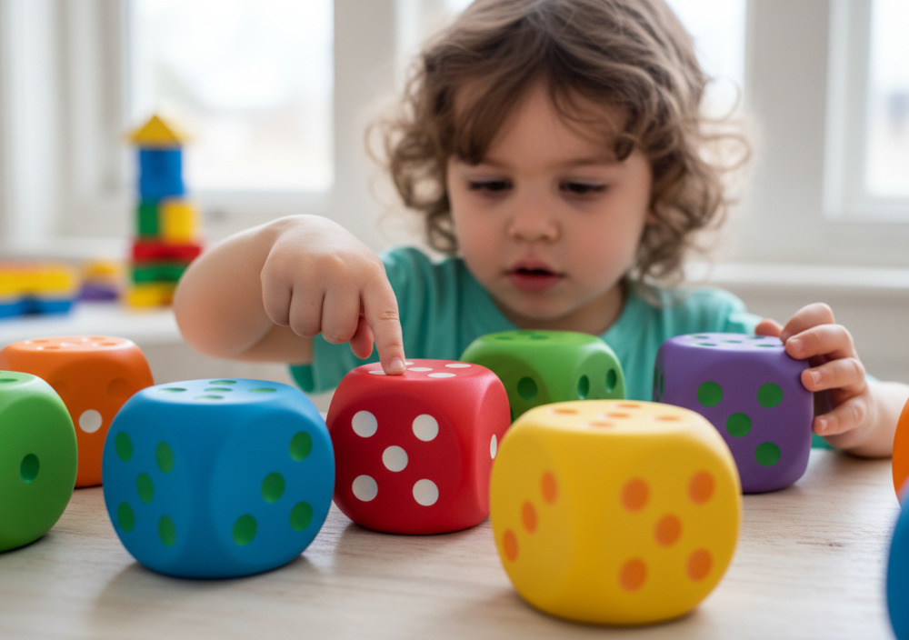 Vorschulkind zählt bunte Würfelpunkte auf einem Spielwürfel