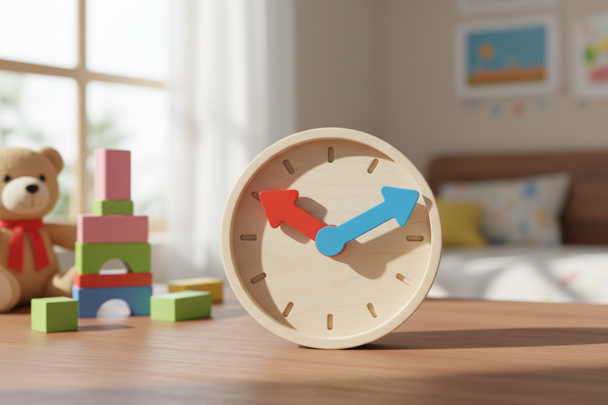 Abb. Lernuhr mit gut unterscheidbaren Zeigern hilft am Anfang.