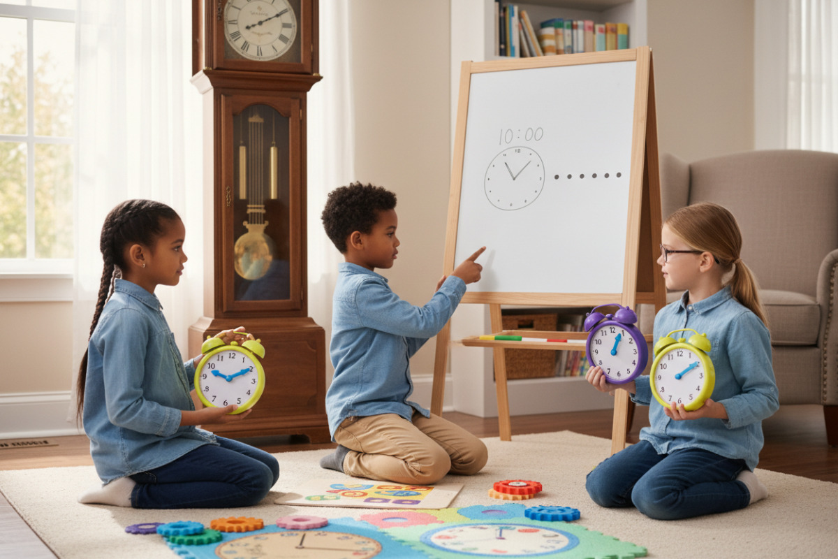 Alltagsszenen zeigen, wie Kinder Uhrzeiten über volle Stunden, Fünferschritte, Vergleiche und kleine Skizzen verstehen