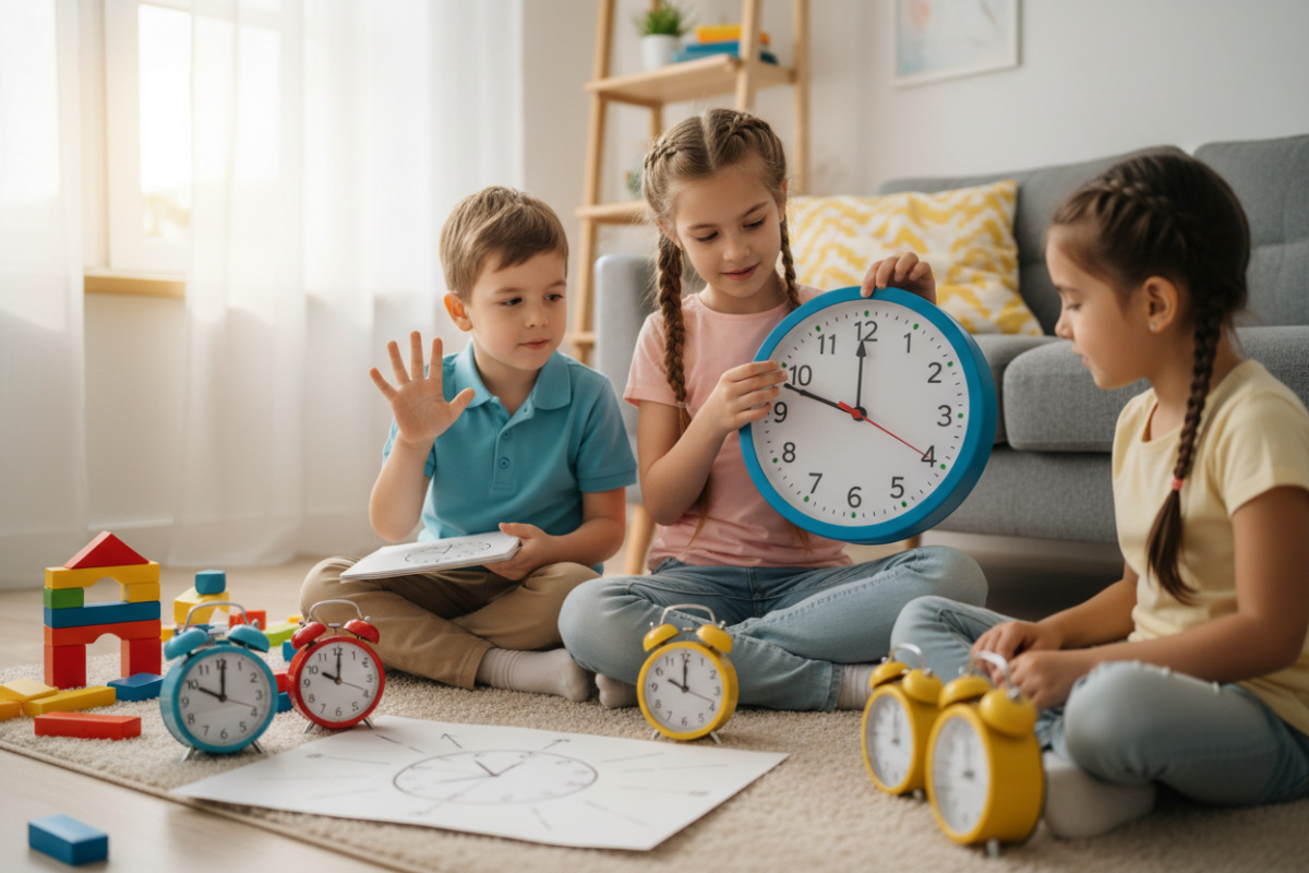 Alltagsszenen zeigen, wie Kinder Uhrzeiten über volle Stunden, Fünferschritte, Vergleiche und kleine Skizzen verstehen