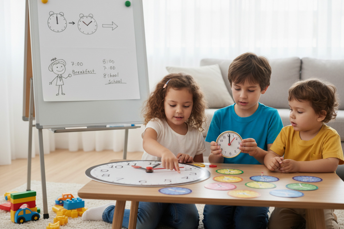 Alltagsszenen zeigen, wie Kinder Uhrzeiten über volle Stunden, Fünferschritte, Vergleiche und kleine Skizzen verstehen