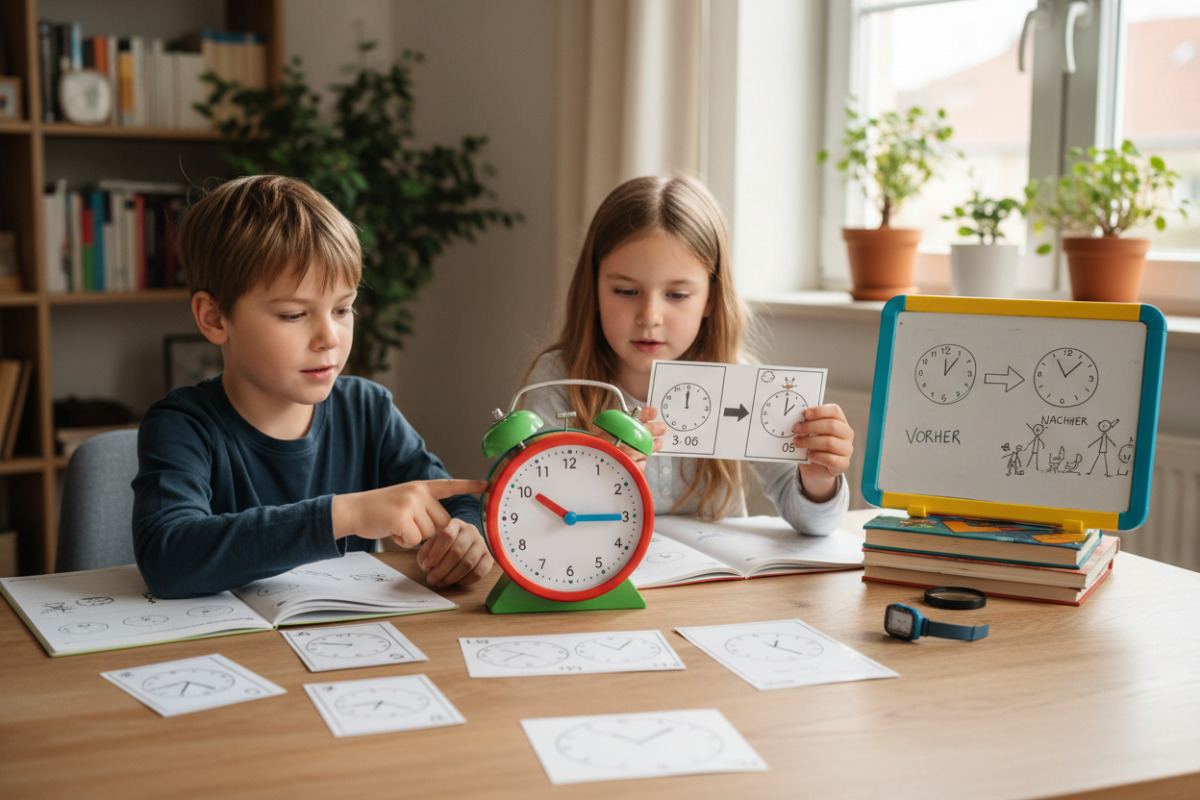 Alltagsszenen zeigen, wie Kinder Uhrzeiten über volle Stunden, Fünferschritte, Vergleiche und kleine Skizzen verstehen