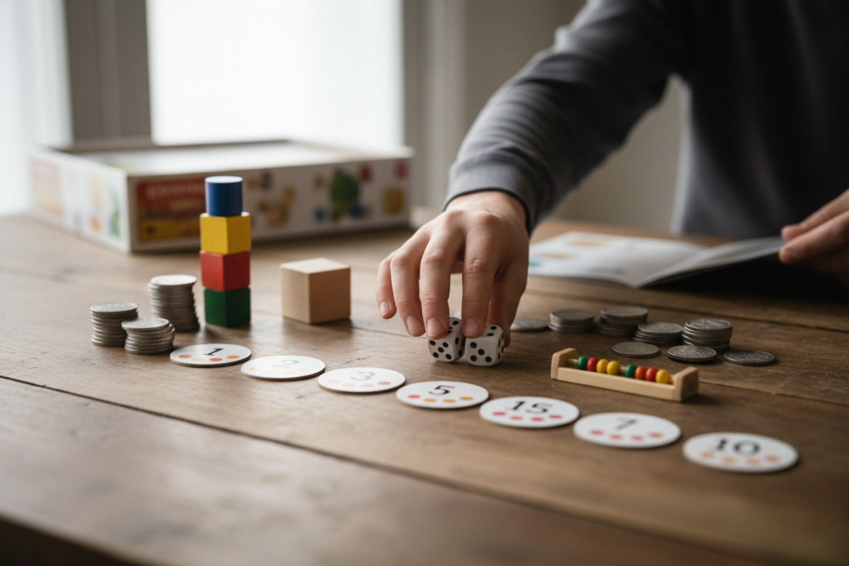 Abb. Würfelspiele verbinden Zählen, Mengen und Vergleichen in Spiel.