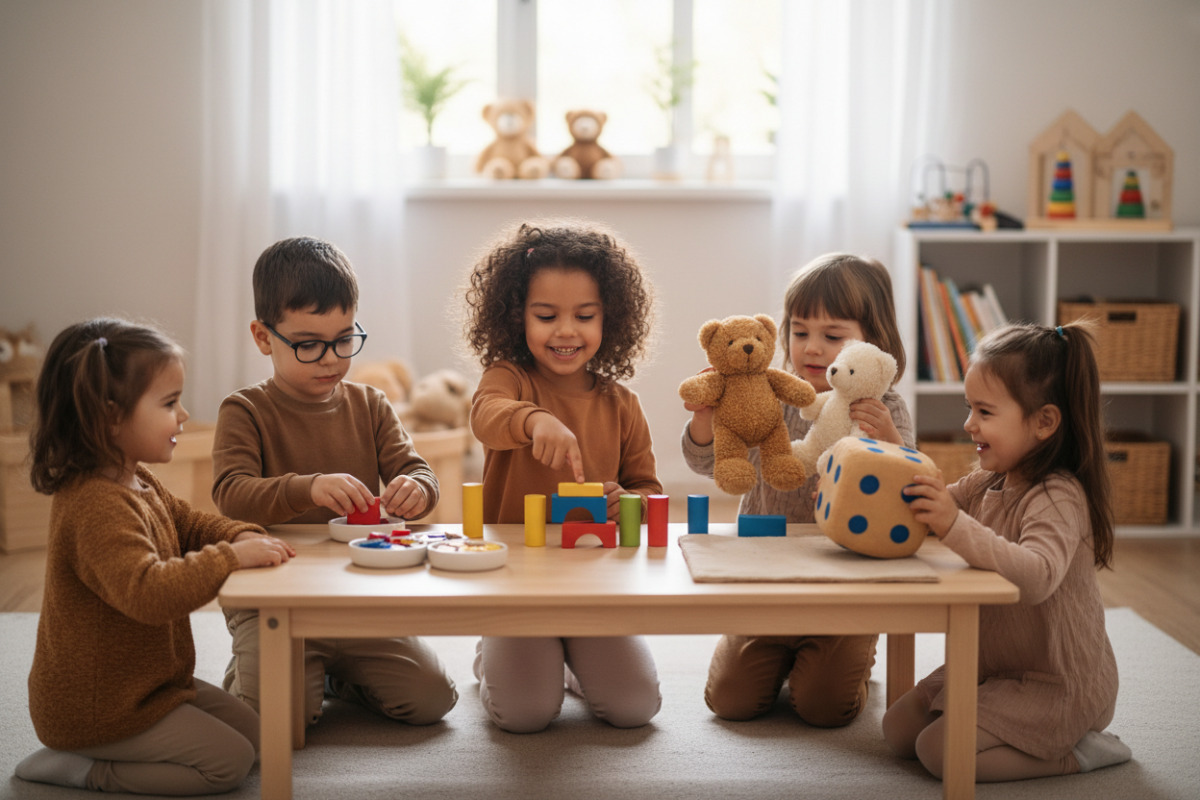 Alltagsszenen zeigen, wie Zählen, Sortieren, Vergleichen und Würfeln Vorschul-Mathe spielerisch unterstützen.