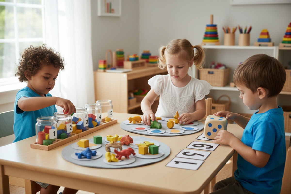Alltagsszenen zeigen, wie Zählen, Sortieren, Vergleichen und Würfeln Vorschul-Mathe spielerisch unterstützen.