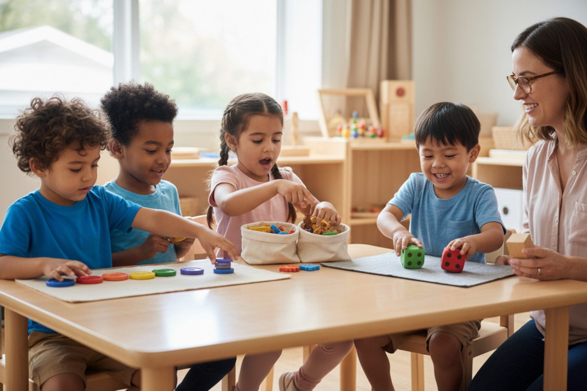 Alltagsszenen zeigen, wie Zählen, Sortieren, Vergleichen und Würfeln Vorschul-Mathe spielerisch unterstützen.