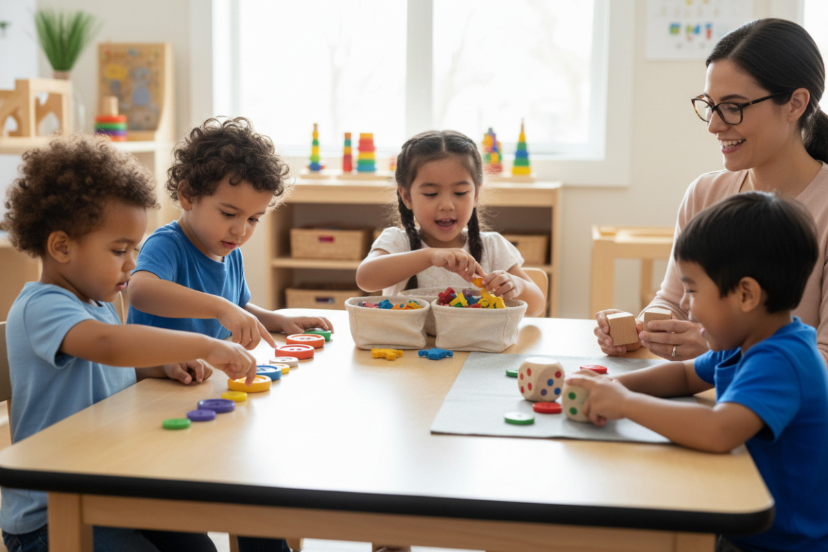 Alltagsszenen zeigen, wie Zählen, Sortieren, Vergleichen und Würfeln Vorschul-Mathe spielerisch unterstützen.