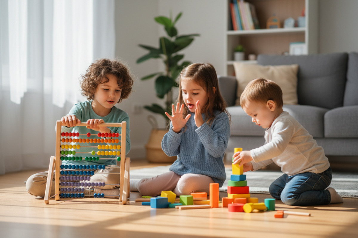 Alltagsszenen, in denen Kinder spielerisch Aufmerksamkeit, Feinmotorik und erste Matheideen üben