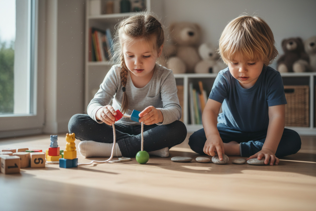 Alltagsszenen, in denen Kinder spielerisch Aufmerksamkeit, Feinmotorik und erste Matheideen üben