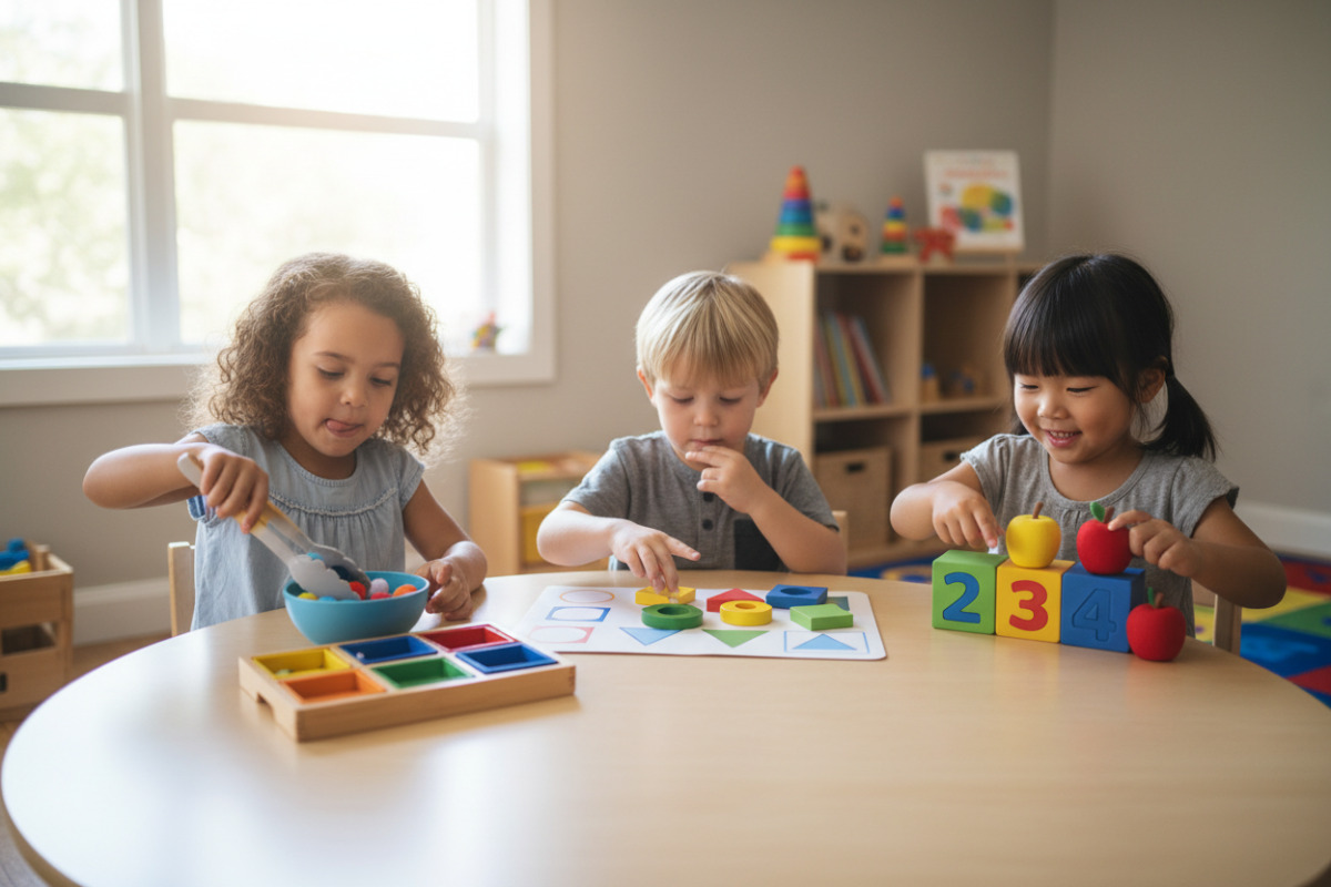 Alltagsszenen, in denen Kinder spielerisch Aufmerksamkeit, Feinmotorik und erste Matheideen üben