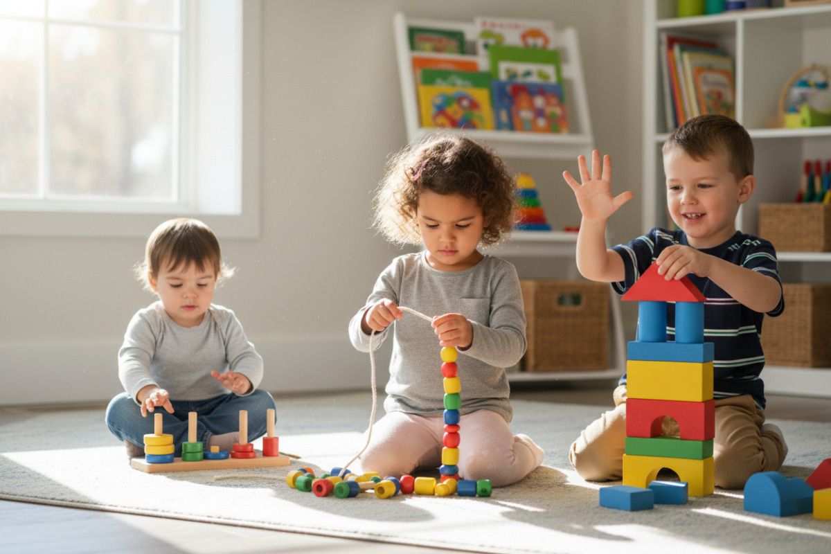 Alltagsszenen, in denen Kinder spielerisch Aufmerksamkeit, Feinmotorik und erste Matheideen üben