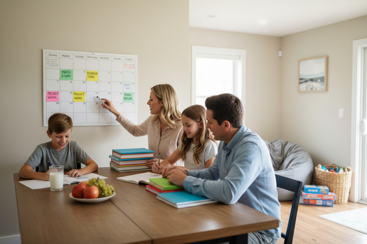 Alltagsszenen zeigen, wie Familien Schulzeit planen, Lernen strukturieren und Pausen bewusst einsetzen.