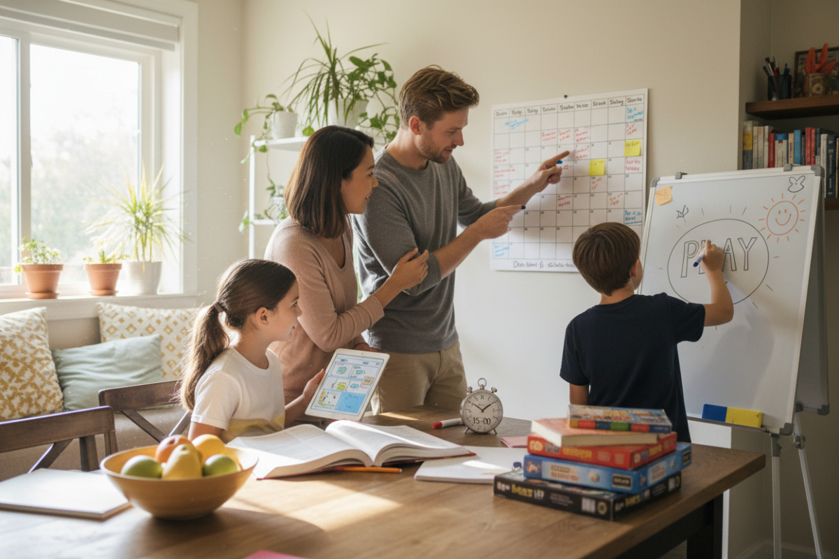 Alltagsszenen zeigen, wie Familien Schulzeit planen, Lernen strukturieren und Pausen bewusst einsetzen.