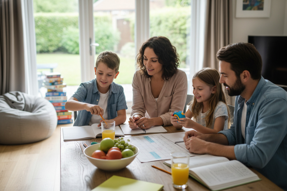 Alltagsszenen zeigen, wie Familien Schulzeit planen, Lernen strukturieren und Pausen bewusst einsetzen.