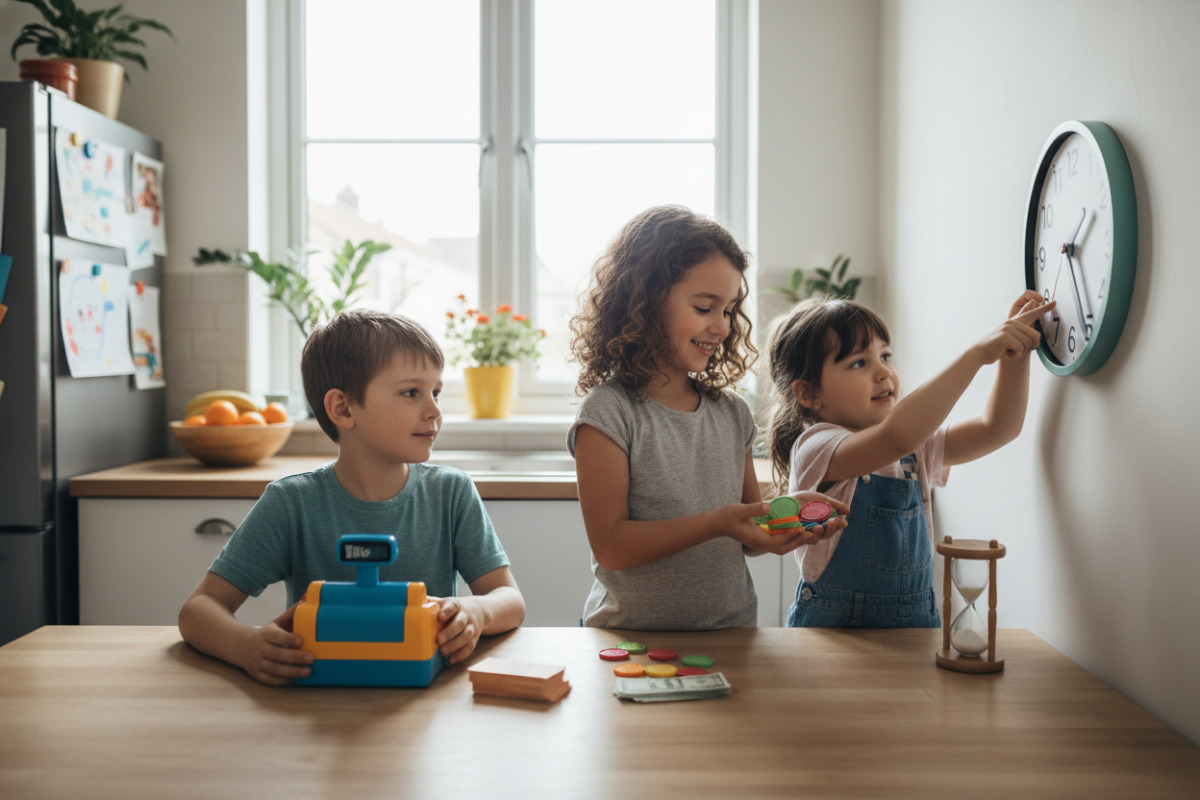 Die Bilder zeigen, wie Kinder Rückgeld, Beträge und Zeitbegriffe spielerisch im Alltag üben können