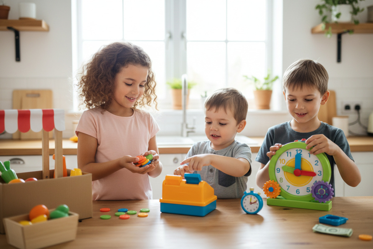 Die Bilder zeigen, wie Kinder Rückgeld, Beträge und Zeitbegriffe spielerisch im Alltag üben können