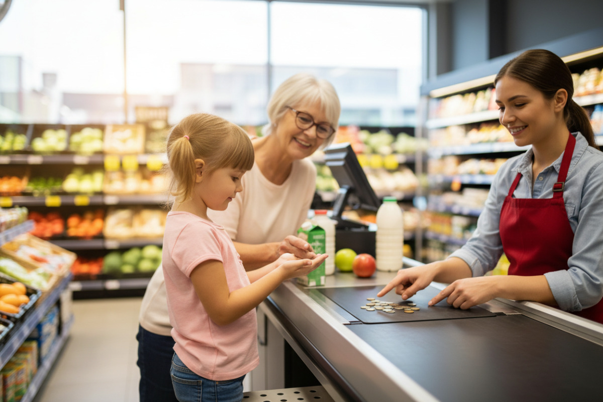 Die Bilder zeigen, wie Kinder Rückgeld, Beträge und Zeitbegriffe spielerisch im Alltag üben können