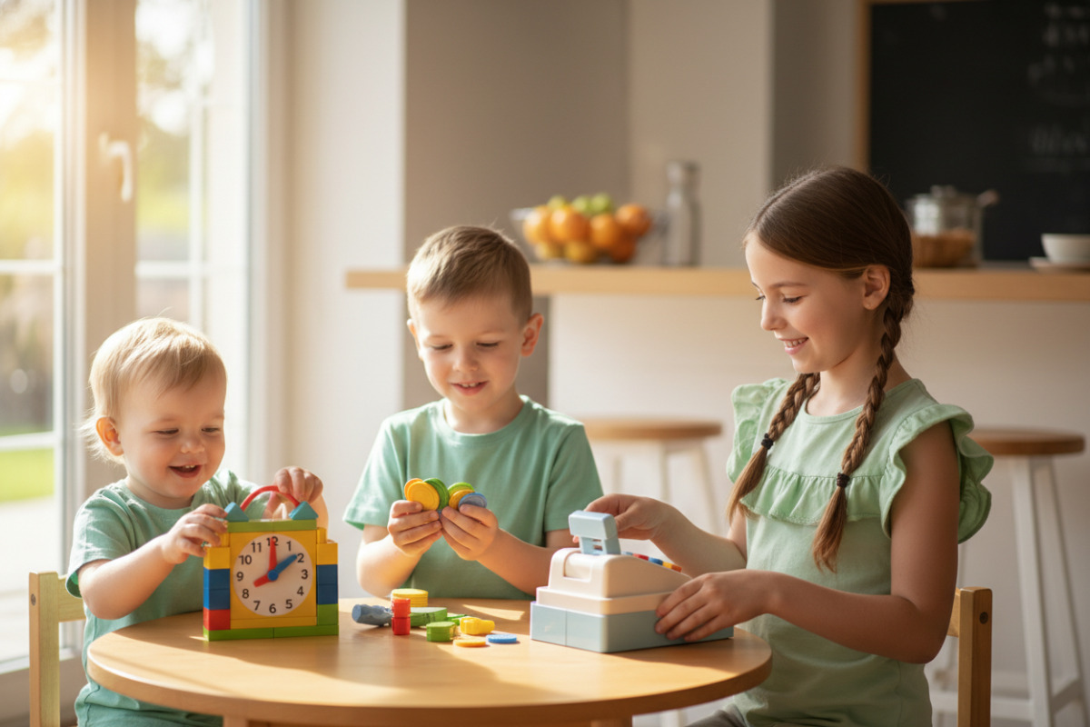 Die Bilder zeigen, wie Kinder Rückgeld, Beträge und Zeitbegriffe spielerisch im Alltag üben können