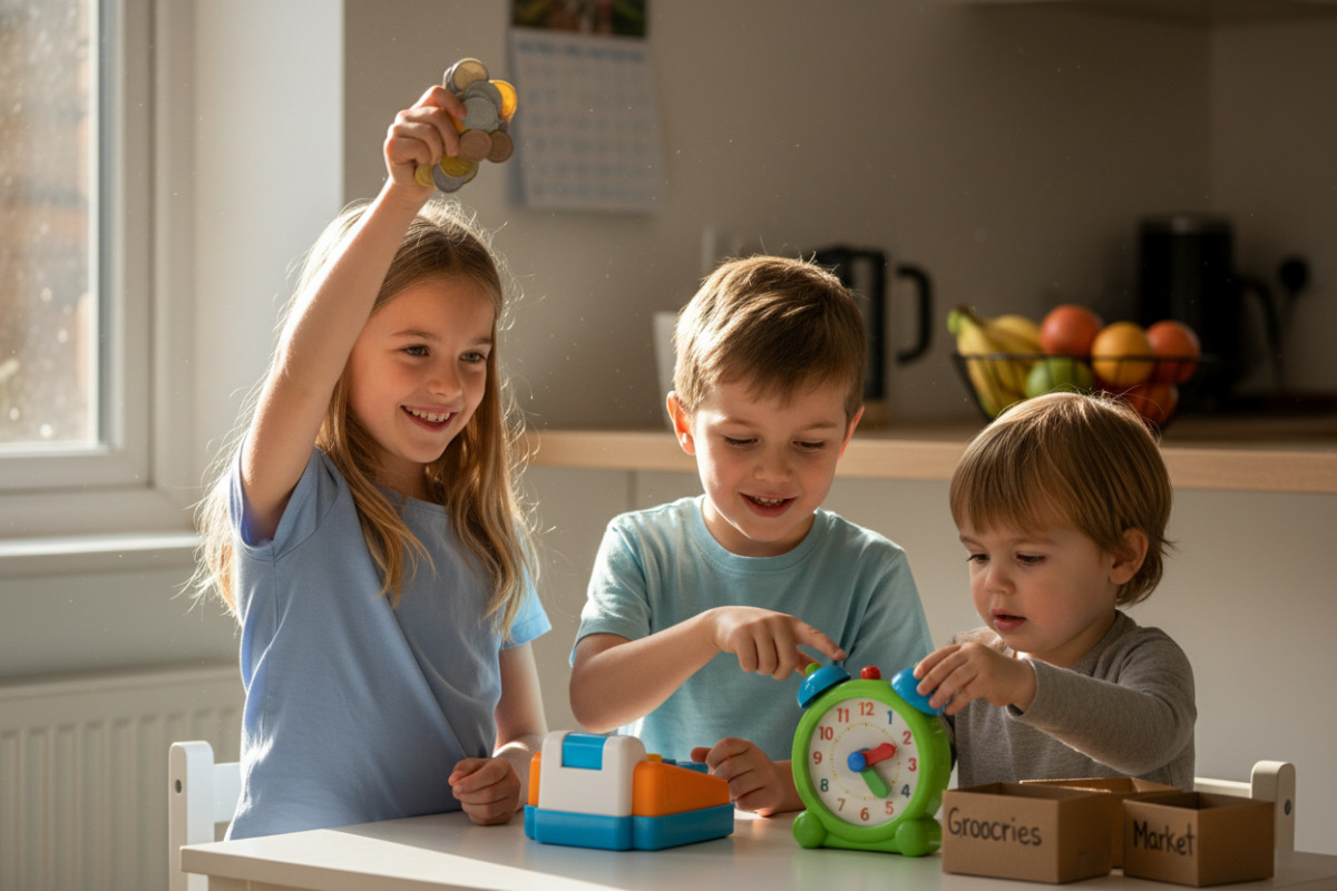 Die Bilder zeigen, wie Kinder Rückgeld, Beträge und Zeitbegriffe spielerisch im Alltag üben können