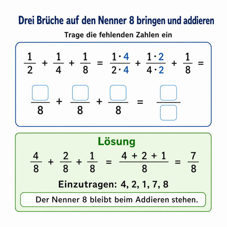 Mathematik-Arbeitsblatt zum Addieren von ein Halb, ein Viertel und ein Achtel. Die Brüche werden auf den Nenner 8 gebracht. Fünf Eingabefelder ergänzen die Rechnung zu vier Achtel plus zwei Achtel plus ein Achtel gleich sieben Achtel. Ein getrennter Lösungsbereich zeigt das Ergebnis 7/8.