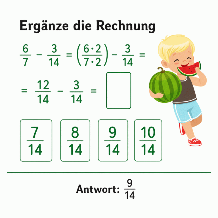 Arbeitsblatt mit der Überschrift „Ergänze die Rechnung“. Zu sehen sind die beiden Rechenzeilen 6/7 minus 3/14 gleich (6 mal 2)/(7 mal 2) minus 3/14 gleich sowie darunter gleich 12/14 minus 3/14 gleich mit einem leeren Ablagefeld. Darunter liegen die Karten 7/14, 8/14, 9/14 und 10/14 von links nach rechts. Rechts steht ein blondes Kind mit einer Wassermelone und einer Wassermelonenscheibe. Im getrennten Antwortfeld steht „Antwort: 9/14“.