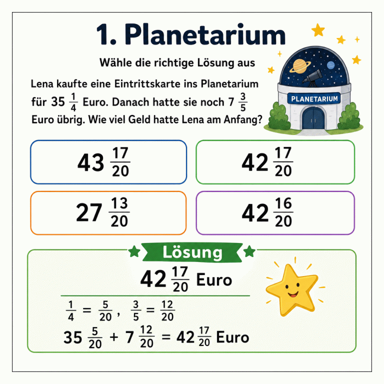 Quadratische Mathematik-Infografik zur Planetariumsaufgabe: Lena bezahlt 35 1/4 Euro und hat 7 3/5 Euro übrig. Vier Antworten stehen zur Auswahl. Im getrennten Lösungsfeld ist 42 17/20 Euro mit dem Rechenweg als richtige Antwort markiert.