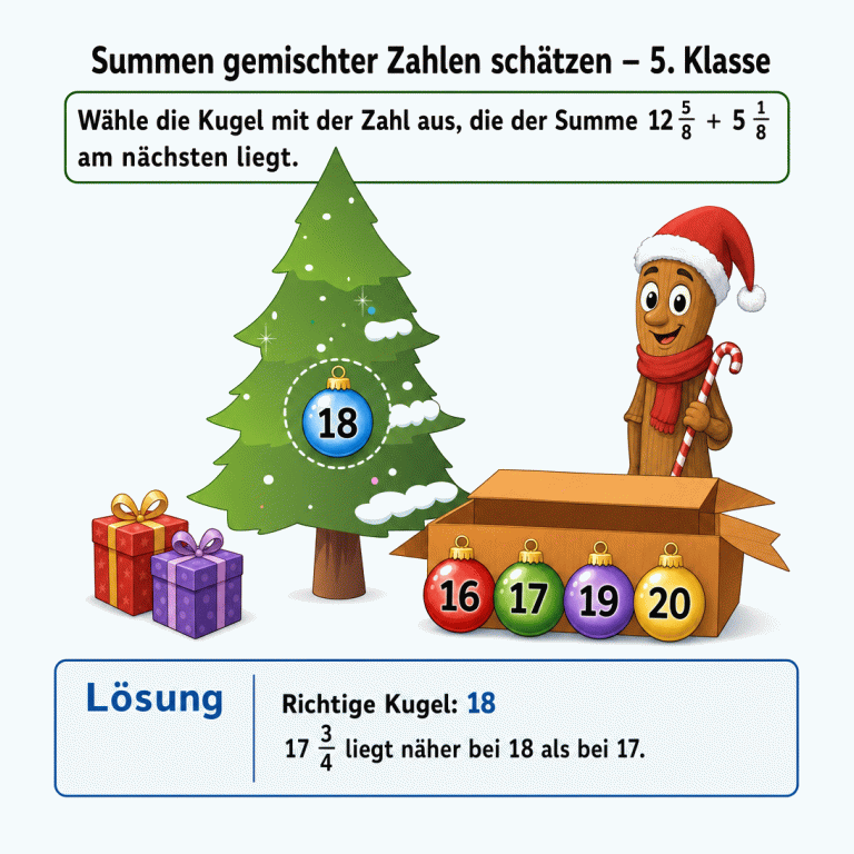 Übung zum Schätzen gemischter Zahlen: Neben einem verschneiten Weihnachtsbaum stehen zwei Geschenke, ein offener Karton und die weitere Weihnachts-Szenenfigur. Fünf Kugeln sind mit 16, 17, 18, 19 und 20 beschriftet. Die Kugel 18 liegt im Zielfeld am Baum; 16, 17, 19 und 20 bleiben beim Karton. Die Lösung erklärt, dass 12 5/8 plus 5 1/8 gleich 17 3/4 ist und daher näher bei 18 liegt.