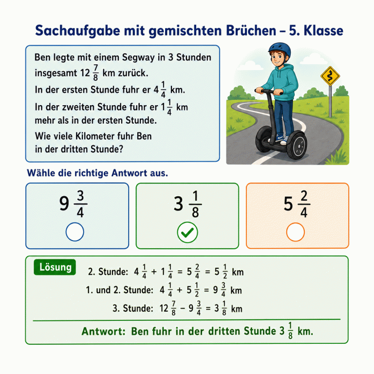 Quadratische Mathematik-Infografik zu Bens dreistündiger Segwayfahrt. Zur Auswahl stehen 9 3/4, 3 1/8 und 5 2/4. Die Lösung zeigt: In der zweiten Stunde fährt Ben 5 1/2 km, in den ersten beiden Stunden zusammen 9 3/4 km und in der dritten Stunde 3 1/8 km.